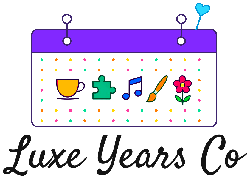 Luxe Years Co logo: a bright calendar with a teacup, puzzle piece, music note, paintbrush and flower